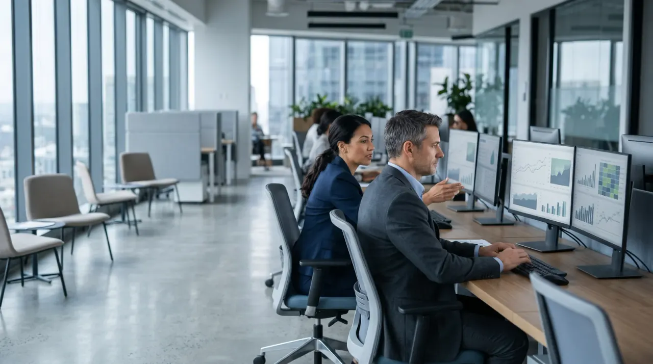Zwei Personen in Business-Kleidung besprechen Diagramme an Monitoren in einem hellen Großraumbüro