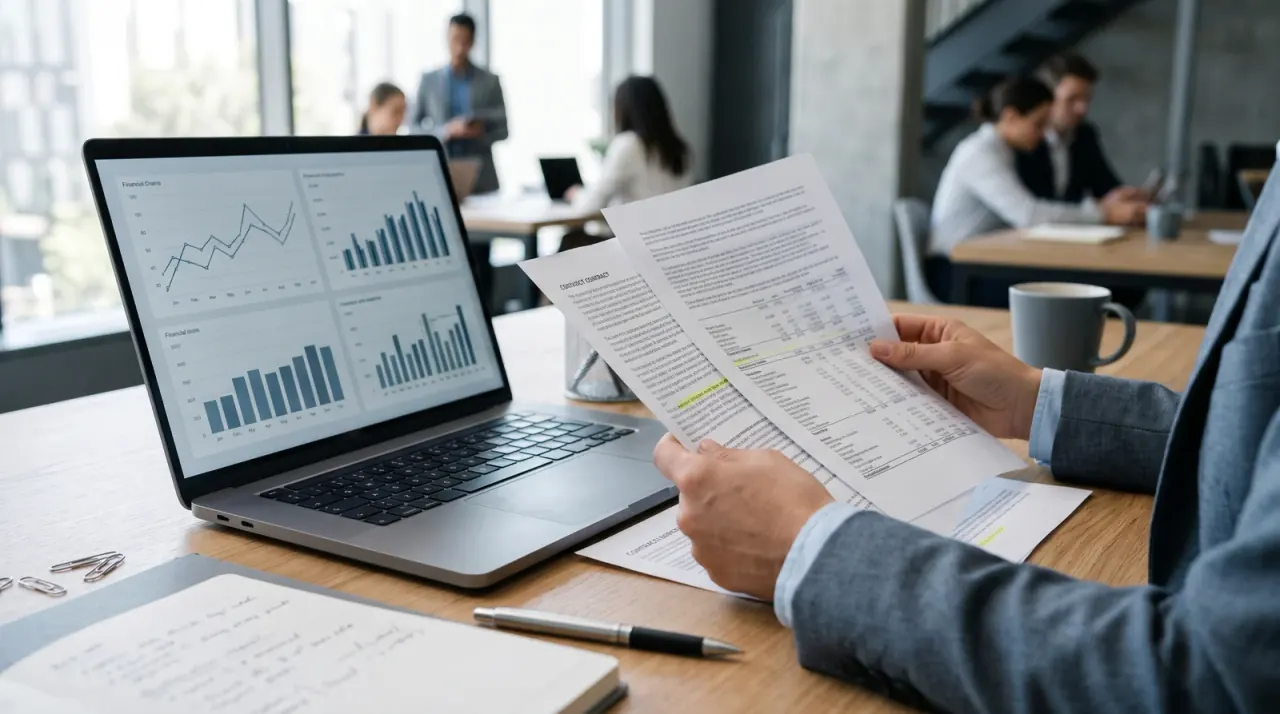 Hände halten gedruckte Finanztabellen neben einem Laptop mit Diagrammen auf einem Holztisch